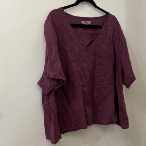 FLAX Women's Short Sleeve V-Neck Top in Deep Purple - women’s 2X - 100% linen